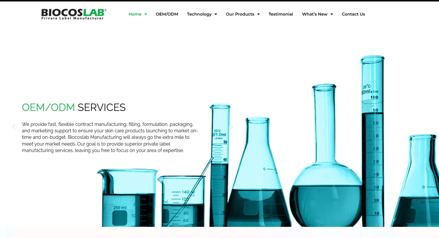 Laboratory glassware with Biocoslab branding and OEM/ODM services text, highlighting manufacturing and formulation offerings.